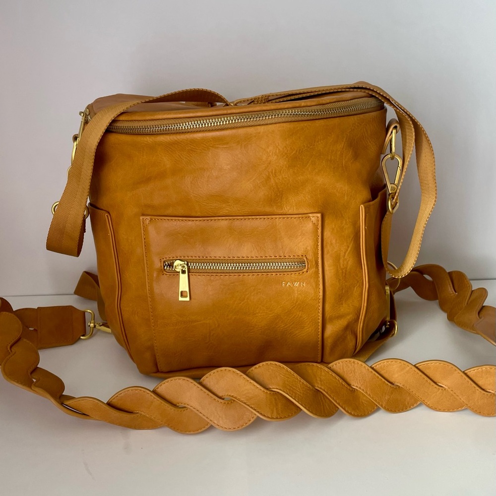 Fawn Design Caramel Leather Crossbody Bag/Diaper Bag/Backpack